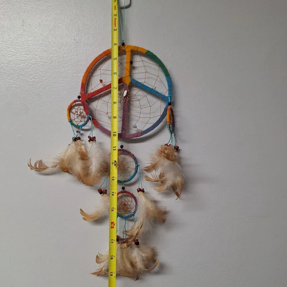 Peace Sign Rainbow Dreamcatcher Feathers Beads Handmade Boho Native Traditions‎